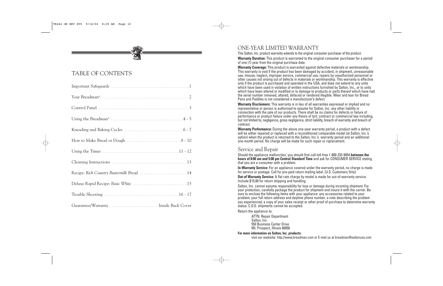 Table of contents one-year limited warranty, Service and repair | Breadman BREAD BAKER TR444 User Manual | Page 23 / 24