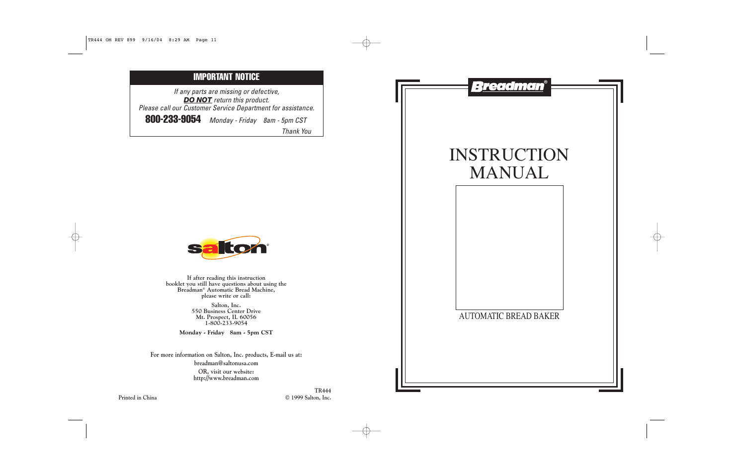 Instruction manual, Automatic bread baker, Important notice | Breadman BREAD BAKER TR444 User Manual | Page 24 / 24