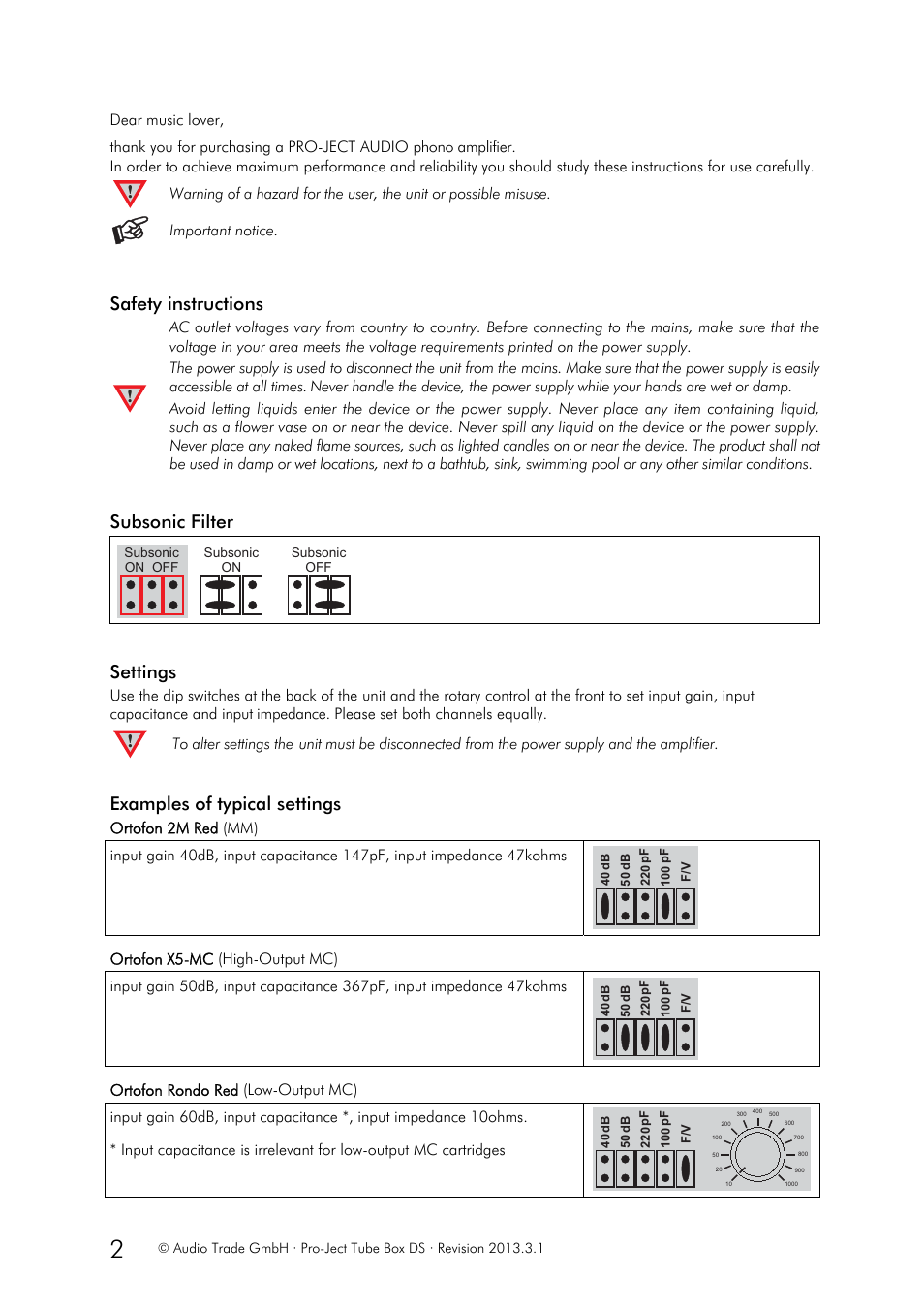 Safety instructions, Subsonic filter, Settings | Examples of typical settings | Pro-Ject Audio Systems Tube Box DS User Manual | Page 2 / 5