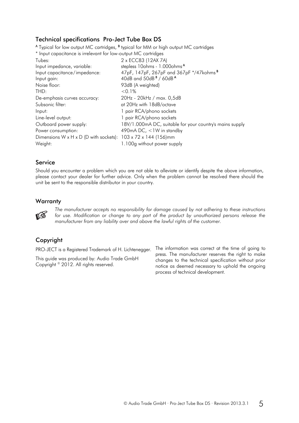 Technical specifications pro-ject tube box ds, Service, Warranty | Copyright | Pro-Ject Audio Systems Tube Box DS User Manual | Page 5 / 5