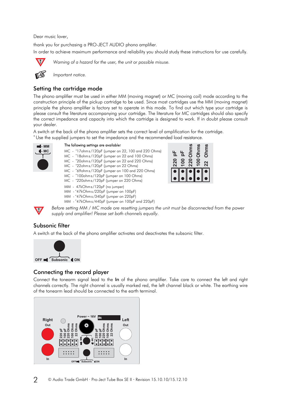 Setting the cartridge mode, Subsonic filter, Connecting the record player | Pro-Ject Audio Systems Tube Box SE II User Manual | Page 2 / 3