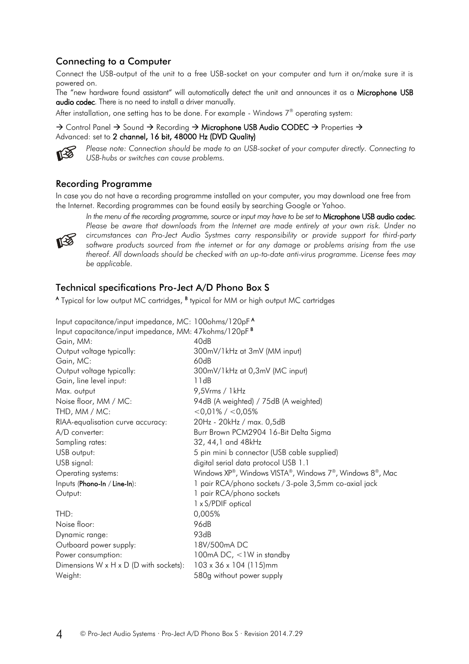 Connecting to a computer, Recording programme, Technical specifications pro-ject a/d phono box s | Pro-Ject Audio Systems A/D Phono Box S User Manual | Page 4 / 5