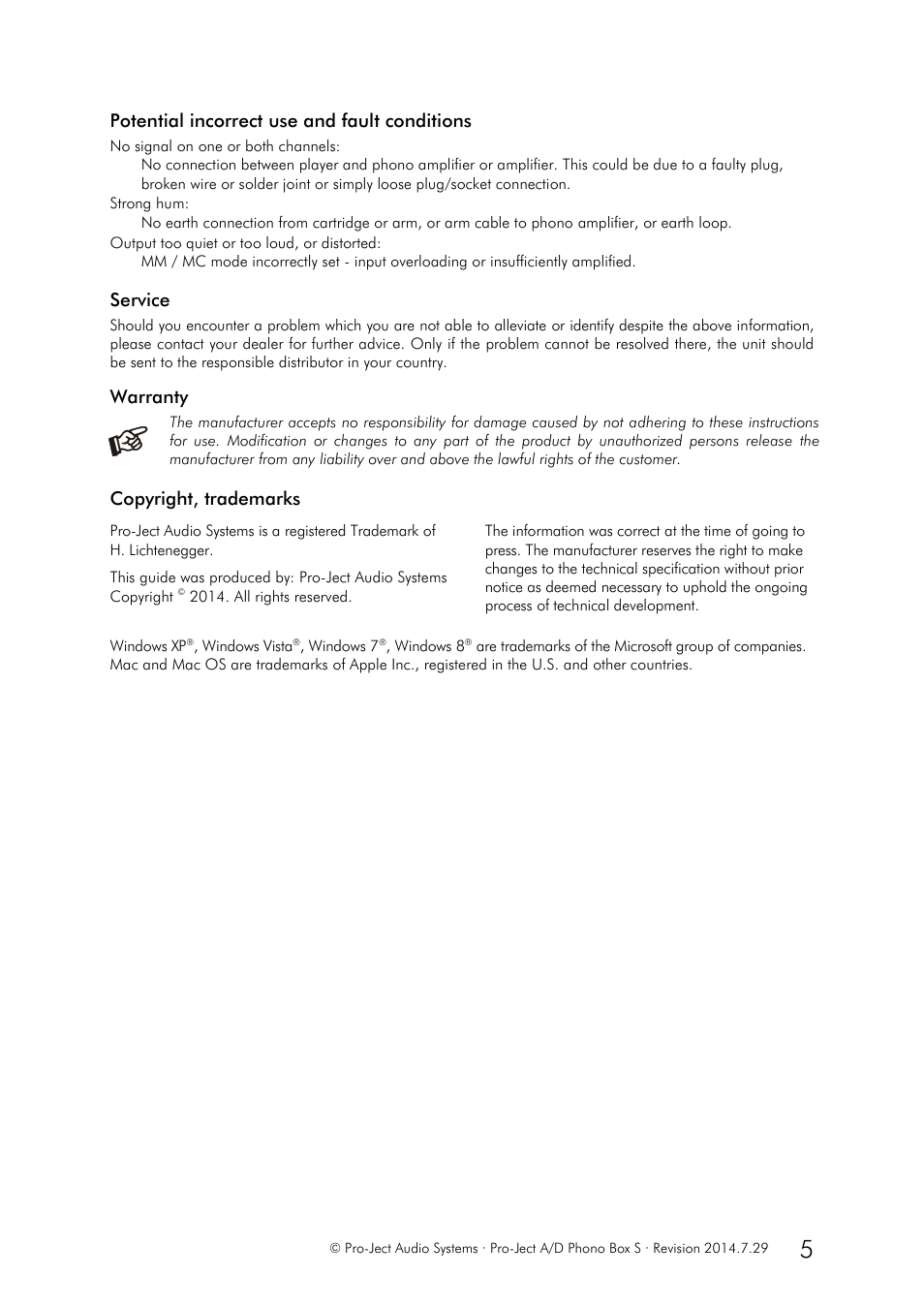 Potential incorrect use and fault conditions, Service, Warranty | Copyright, trademarks | Pro-Ject Audio Systems A/D Phono Box S User Manual | Page 5 / 5