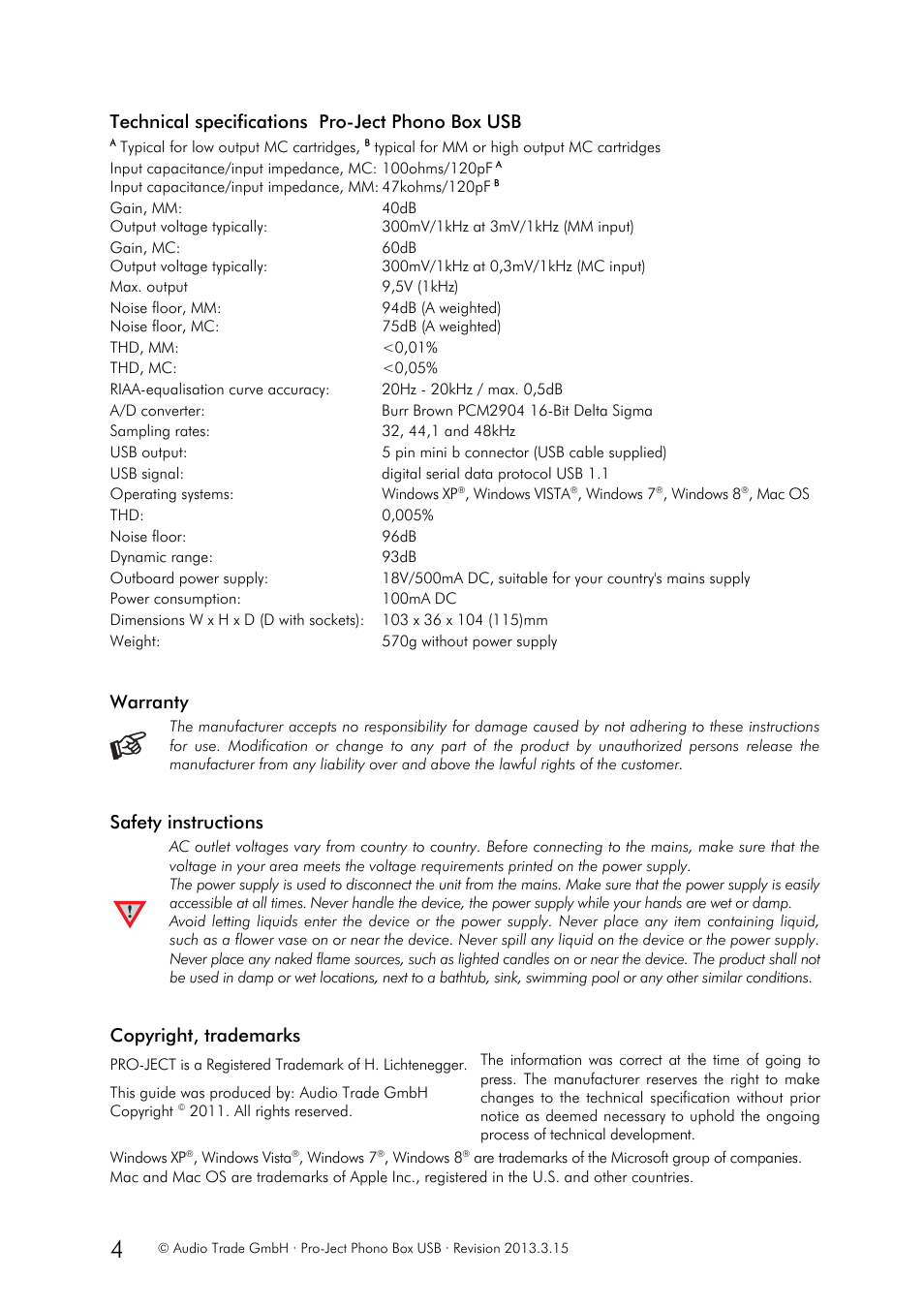 Technical specifications pro-ject phono box usb, Warranty, Safety instructions | Copyright, trademarks | Pro-Ject Audio Systems Phono Box USB User Manual | Page 4 / 4