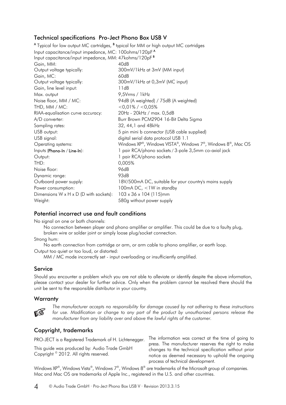 Technical specifications pro-ject phono box usb v, Potential incorrect use and fault conditions, Service | Warranty, Copyright, trademarks | Pro-Ject Audio Systems Phono Box USB V User Manual | Page 4 / 4