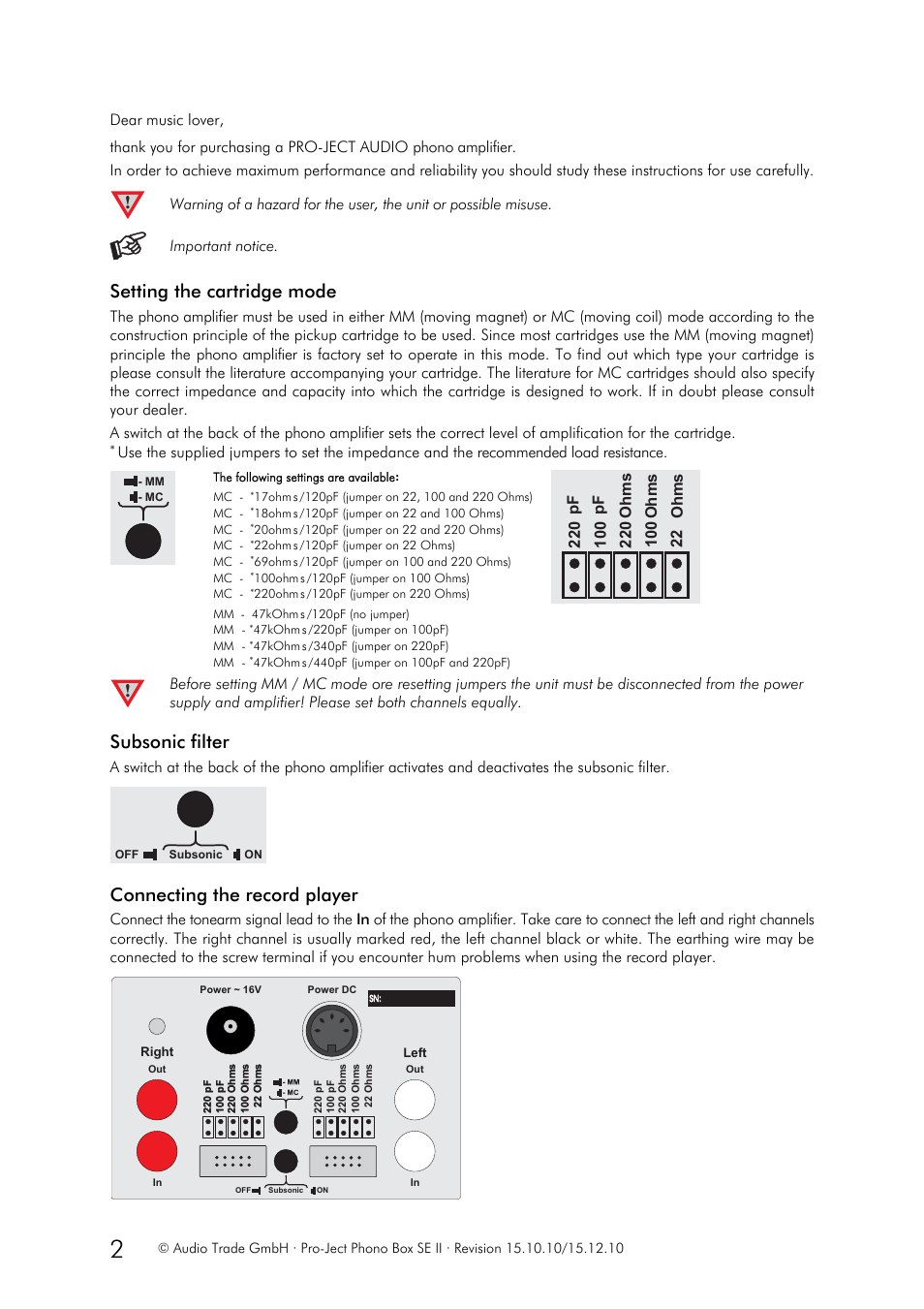 Setting the cartridge mode, Subsonic filter, Connecting the record player | Important notice | Pro-Ject Audio Systems Phono Box SE II User Manual | Page 2 / 3