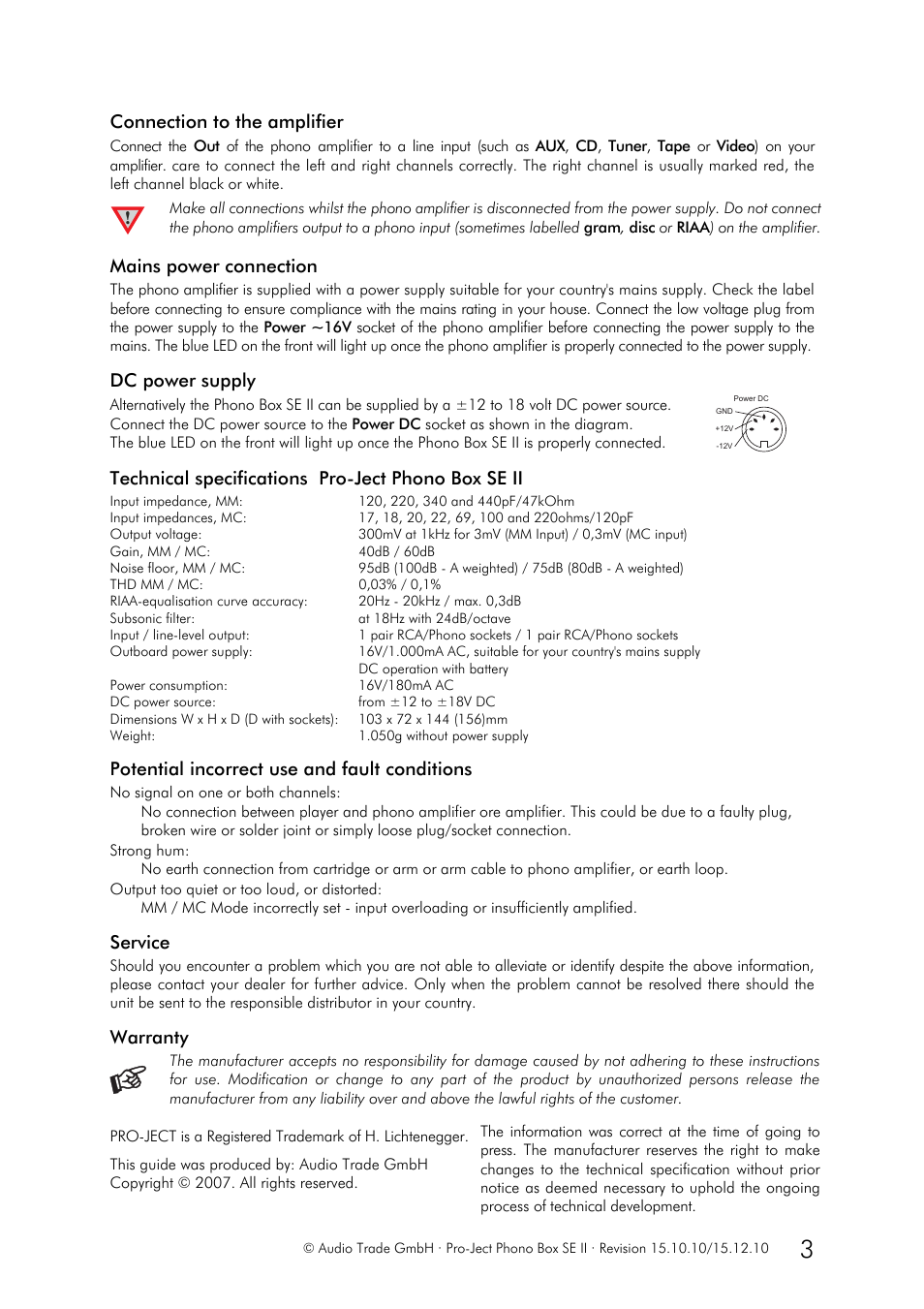 Connection to the amplifier, Mains power connection, Dc power supply | Technical specifications pro-ject phono box se ii, Potential incorrect use and fault conditions, Service, Warranty | Pro-Ject Audio Systems Phono Box SE II User Manual | Page 3 / 3