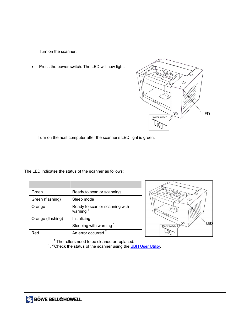 Operating the scanner, Turning on the scanner, Led indicator | Bowe, Bell + Howell 1400 User Manual | Page 22 / 108