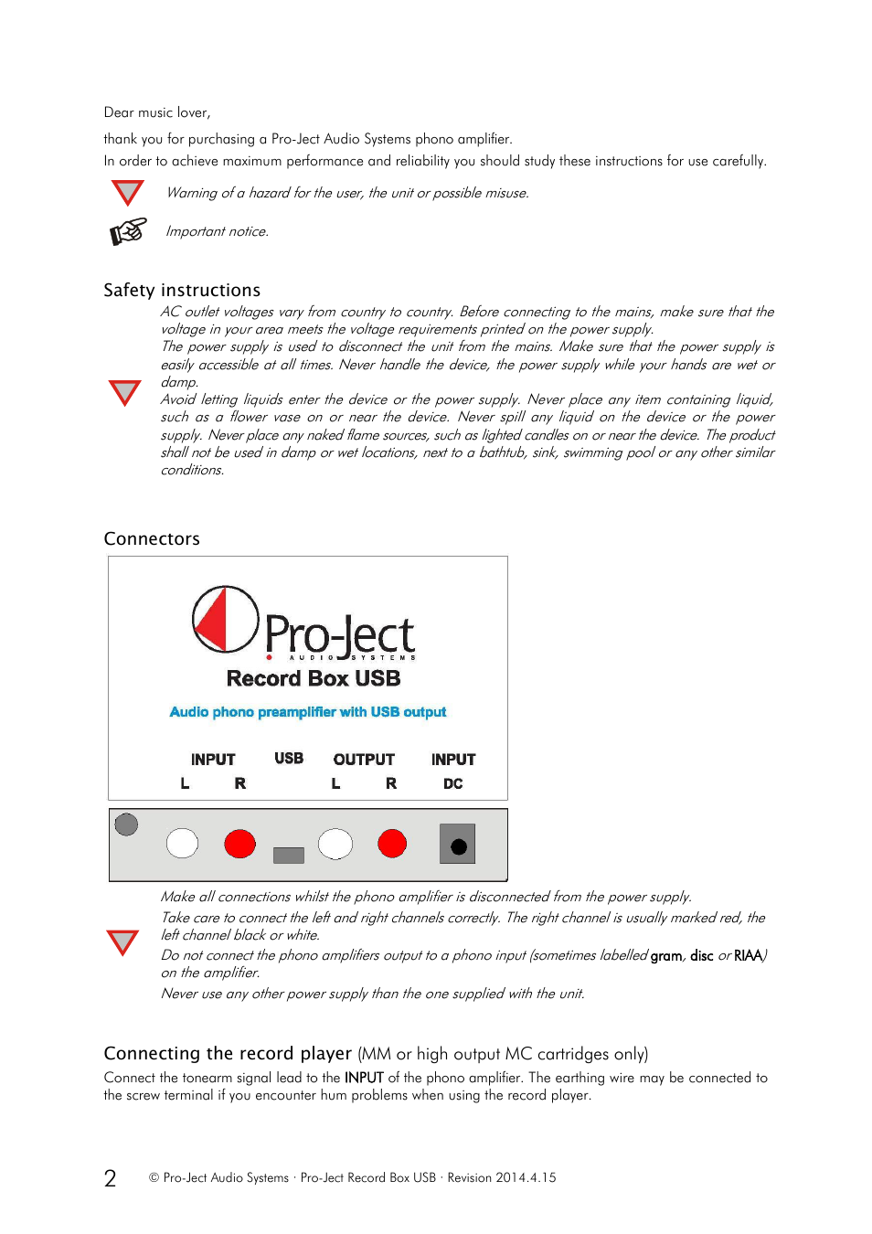 Important notice, Safety instructions | Pro-Ject Audio Systems Record Box USB User Manual | Page 2 / 4