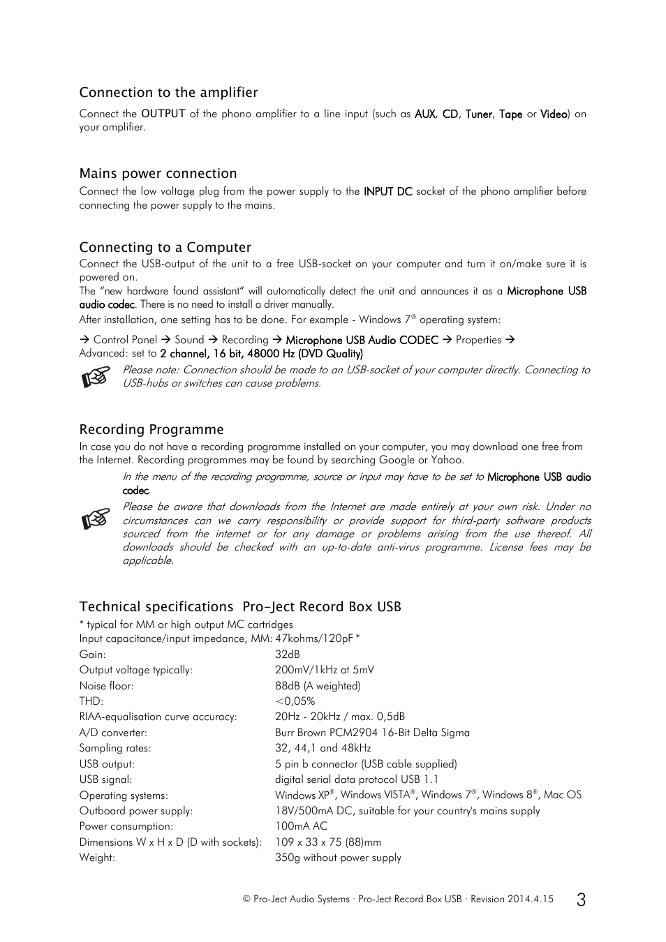 Connecting to a computer, Recording programme, Connection to the amplifier | Mains power connection, Technical specifications pro-ject record box usb | Pro-Ject Audio Systems Record Box USB User Manual | Page 3 / 4