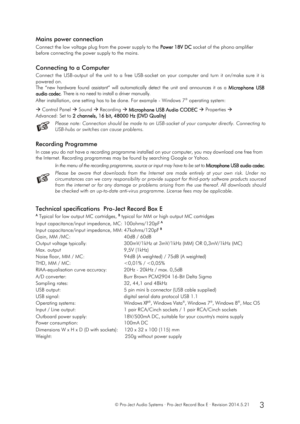 Mains power connection, Connecting to a computer, Recording programme | Technical specifications pro-ject record box e | Pro-Ject Audio Systems Record Box E User Manual | Page 3 / 4