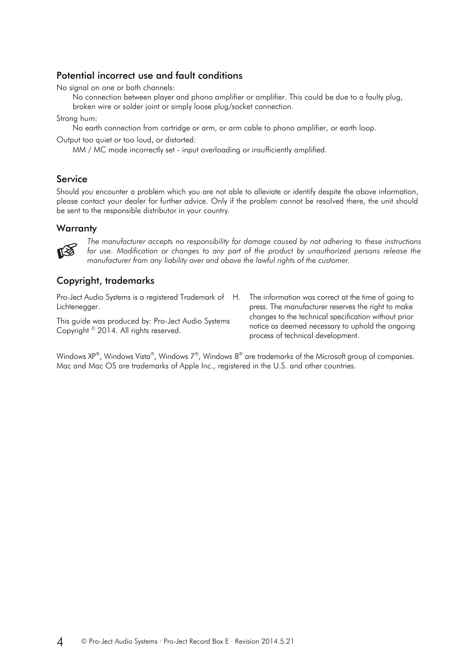 Potential incorrect use and fault conditions, Service, Warranty | Copyright, trademarks | Pro-Ject Audio Systems Record Box E User Manual | Page 4 / 4