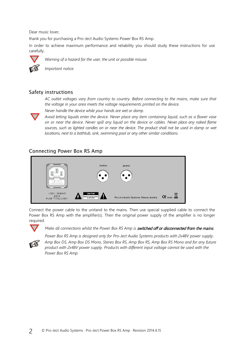Important notice, Safety instructions, Connecting power box rs amp | Pro-Ject Audio Systems Power Box RS Amp User Manual | Page 2 / 4