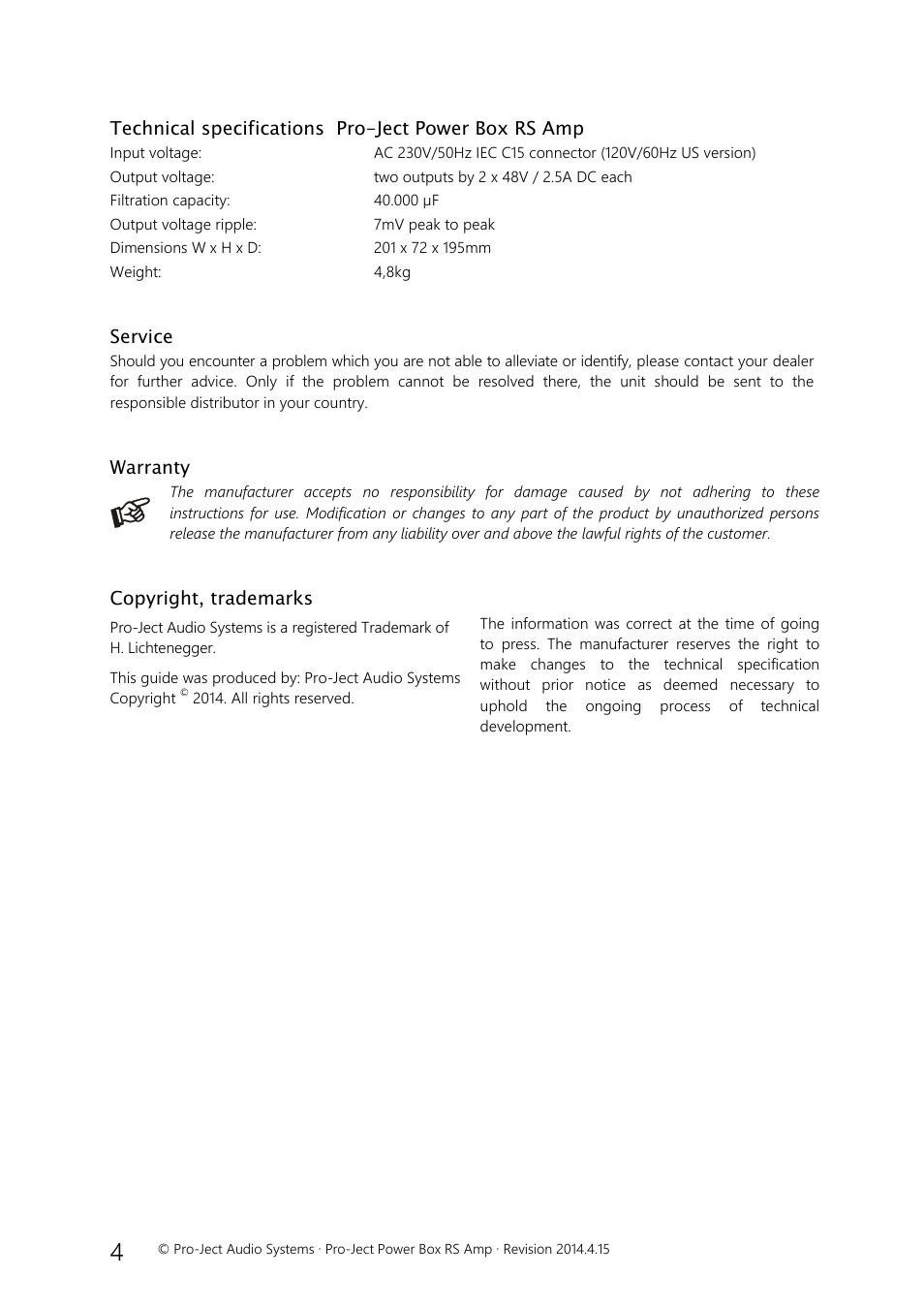 Technical specifications pro-ject power box rs amp, Service, Warranty | Copyright, trademarks | Pro-Ject Audio Systems Power Box RS Amp User Manual | Page 4 / 4