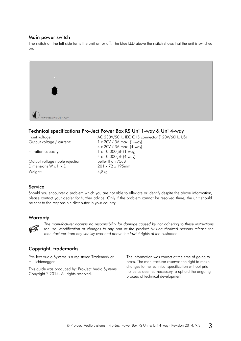 Main power switch, Service, Warranty | Copyright, trademarks | Pro-Ject Audio Systems Power Box RS Uni 1-way User Manual | Page 3 / 3