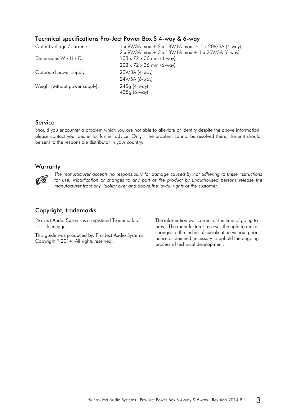 Service, Warranty, Copyright, trademarks | Pro-Ject Audio Systems Power Box S 4-way User Manual | Page 3 / 3