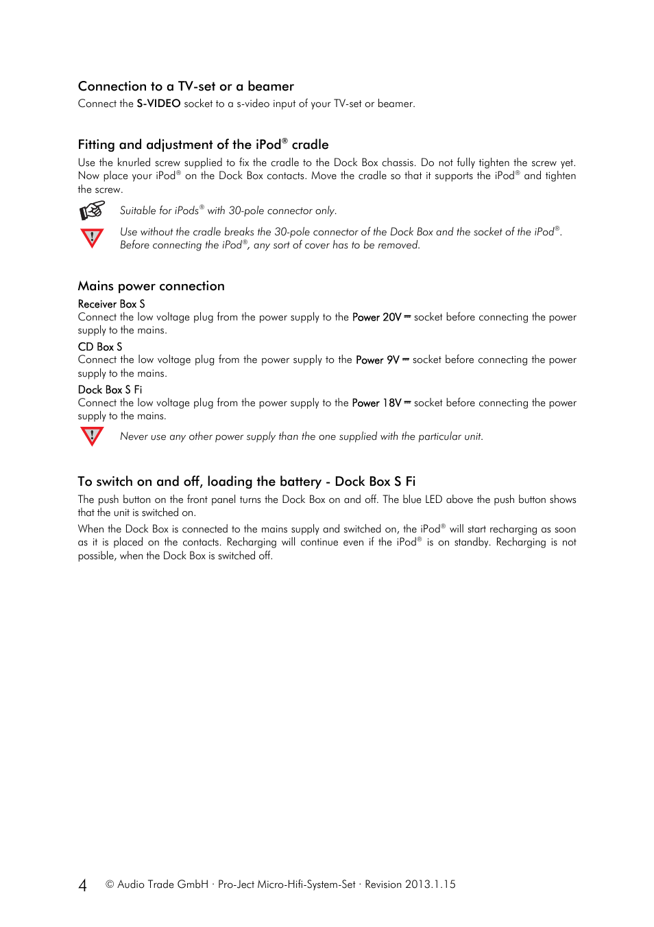 Connection to a tv-set or a beamer, Fitting and adjustment of the ipod, Cradle | Mains power connection | Pro-Ject Audio Systems Set Micro-Hifi-System User Manual | Page 4 / 19