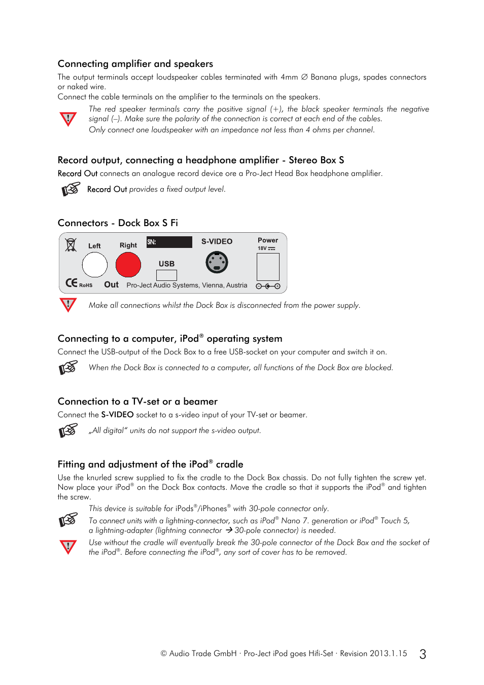 Connecting amplifier and speakers, Connectors - dock box s fi, Connecting to a computer, ipod | Operating system, Connection to a tv-set or a beamer, Fitting and adjustment of the ipod, Cradle | Pro-Ject Audio Systems Set iPod® goes Hifi User Manual | Page 3 / 7