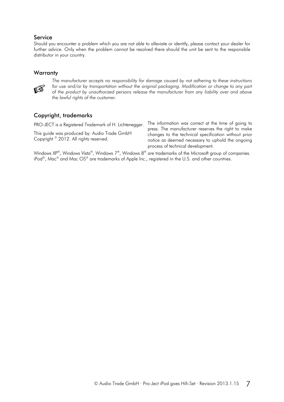 Service, Warranty, Copyright, trademarks | Pro-Ject Audio Systems Set iPod® goes Hifi User Manual | Page 7 / 7