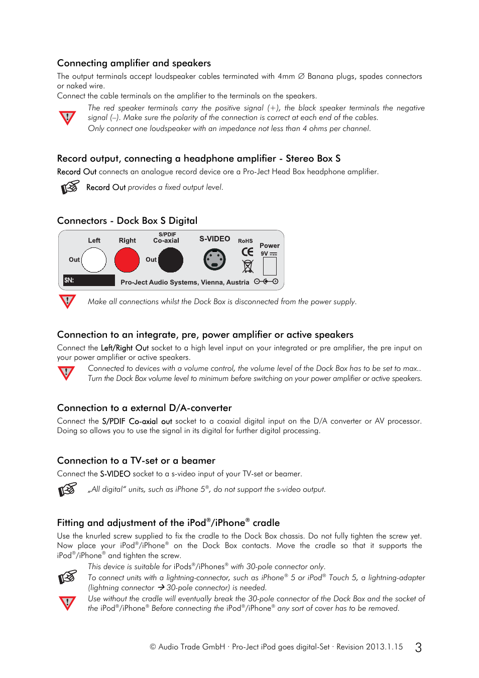 Connecting amplifier and speakers, Connectors - dock box s digital, Connection to a external d/a-converter | Connection to a tv-set or a beamer, Fitting and adjustment of the ipod, Iphone, Cradle | Pro-Ject Audio Systems Set iPod® goes digital User Manual | Page 3 / 7