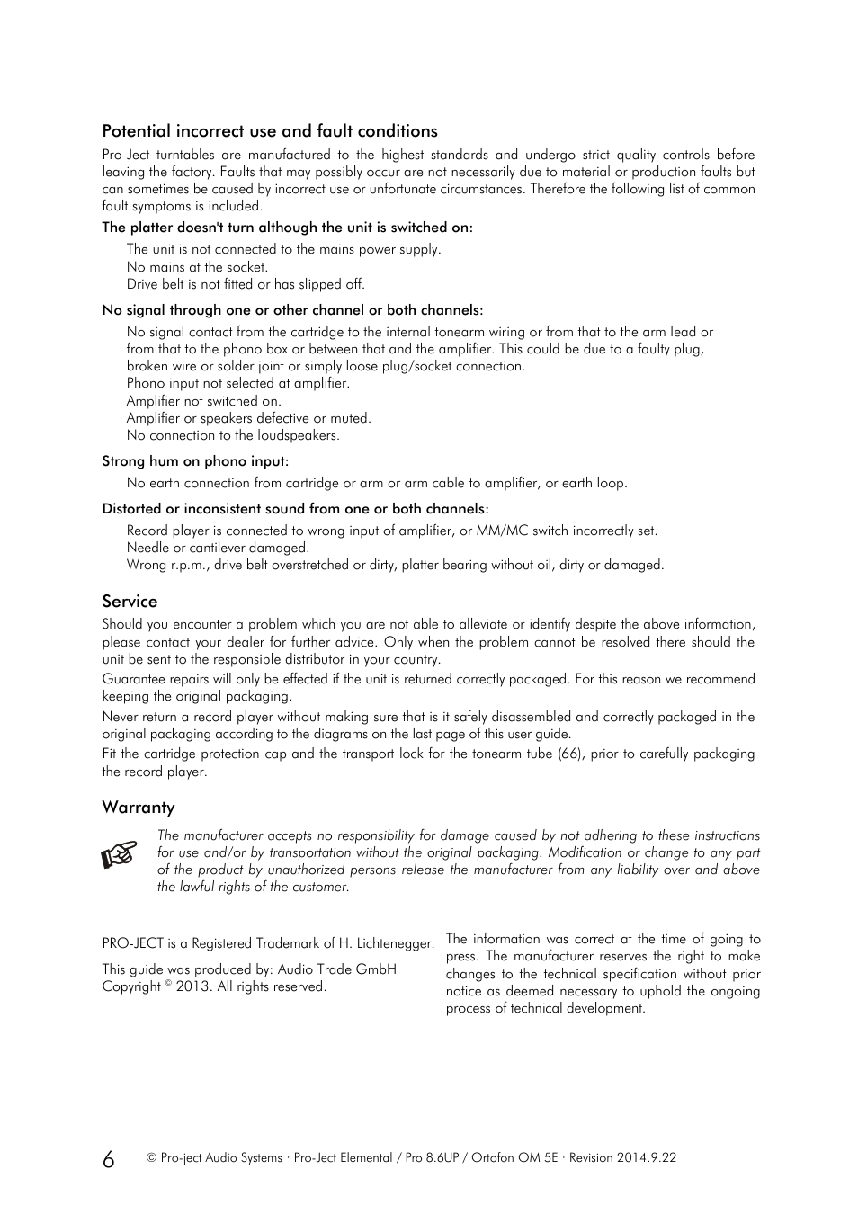 Potential incorrect use and fault conditions, Service, Warranty | Pro-Ject Audio Systems Pro-Ject Elemental User Manual | Page 6 / 7