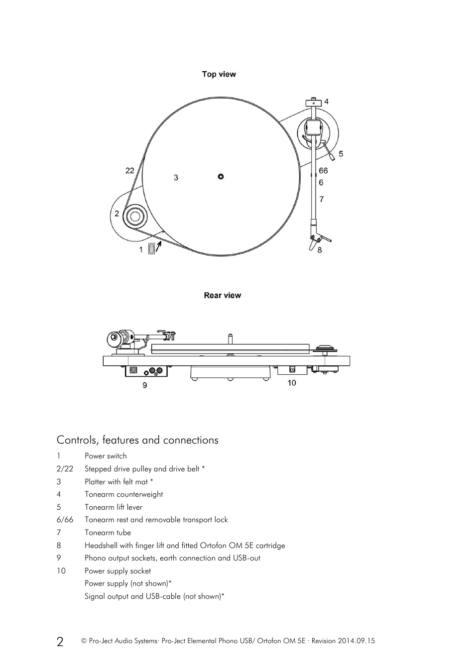Controls, features and connections | Pro-Ject Audio Systems Pro-Ject Elemental Phono USB User Manual | Page 2 / 8