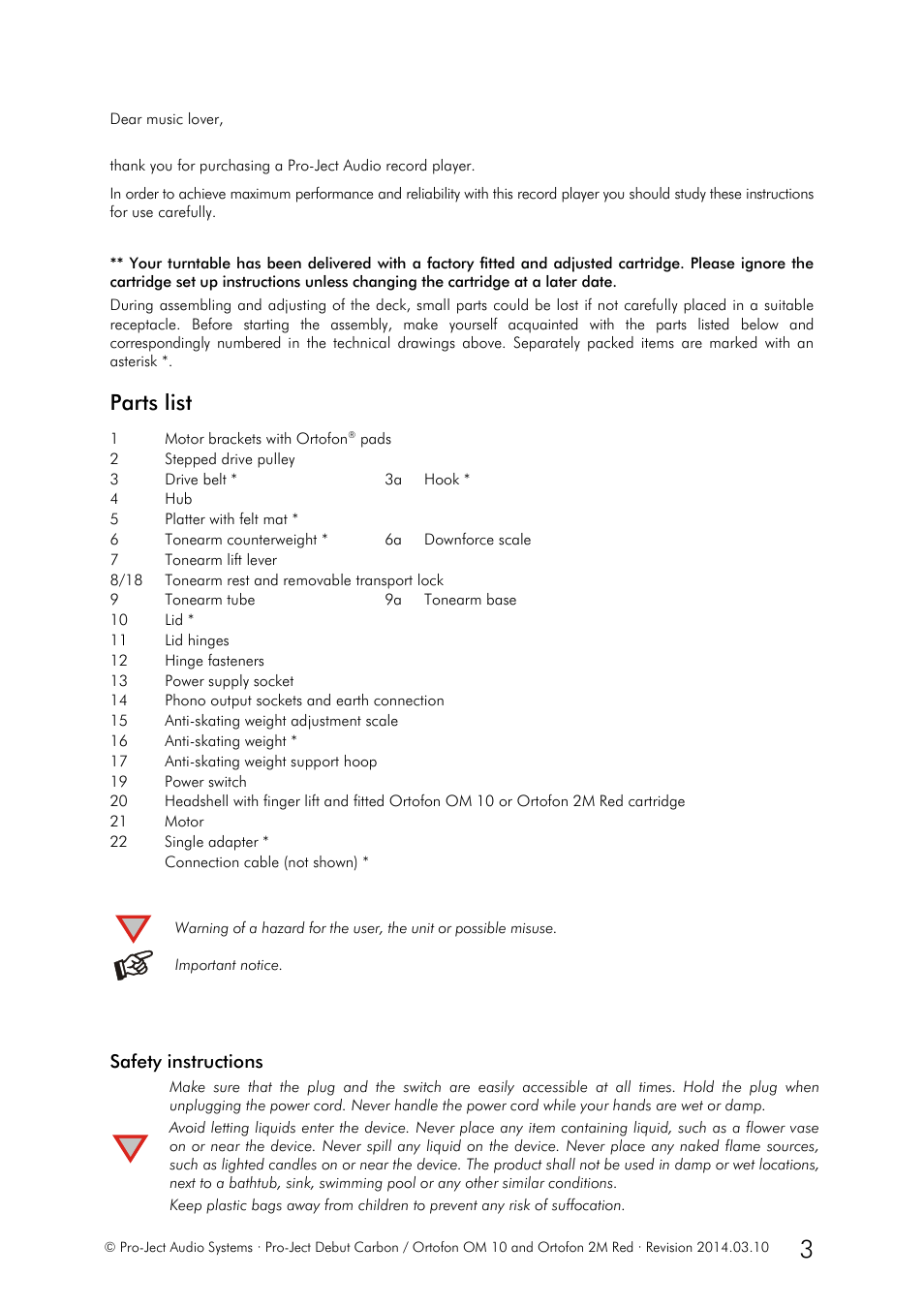 Parts list, Safety instructions, Important notice | Pro-Ject Audio Systems Pro-Ject Debut Carbon (DC) User Manual | Page 3 / 9