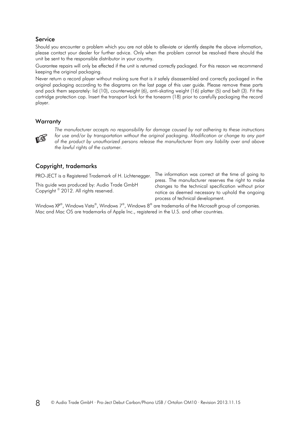 Service, Warranty, Copyright, trademarks | Pro-Ject Audio Systems Pro-Ject Debut Carbon Phono USB (DC) User Manual | Page 8 / 9
