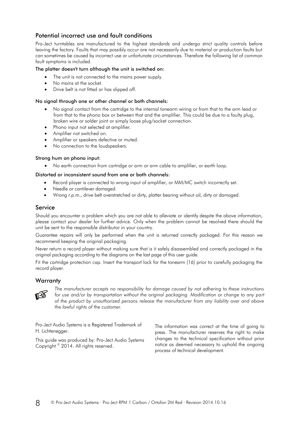 Potential incorrect use and fault conditions, Service, Warranty | Pro-Ject Audio Systems Pro-Ject RPM 1 Carbon User Manual | Page 8 / 9