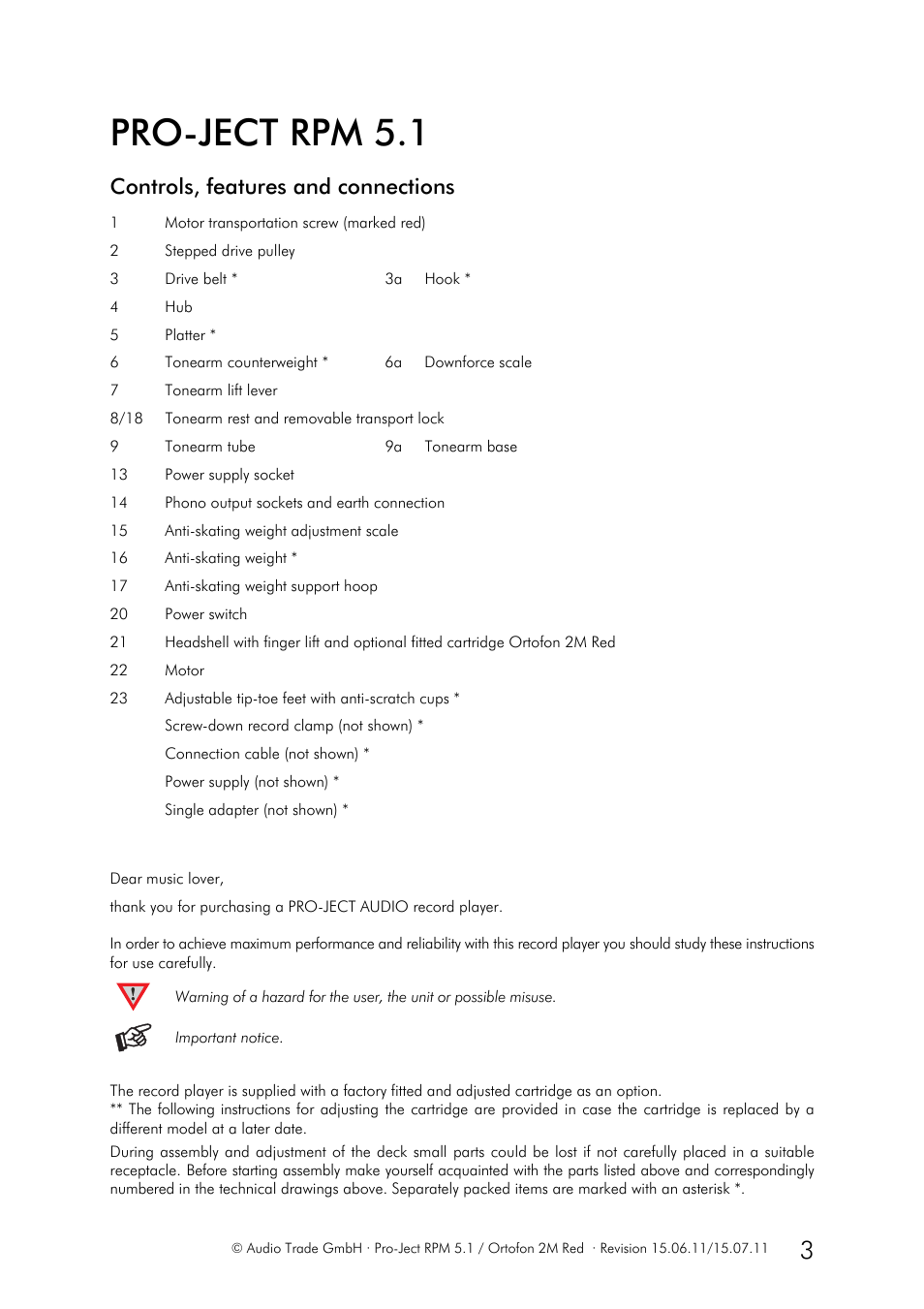 Pro-ject rpm 5.1, Controls, features and connections | Pro-Ject Audio Systems Pro-Ject RPM 5.1 User Manual | Page 3 / 8