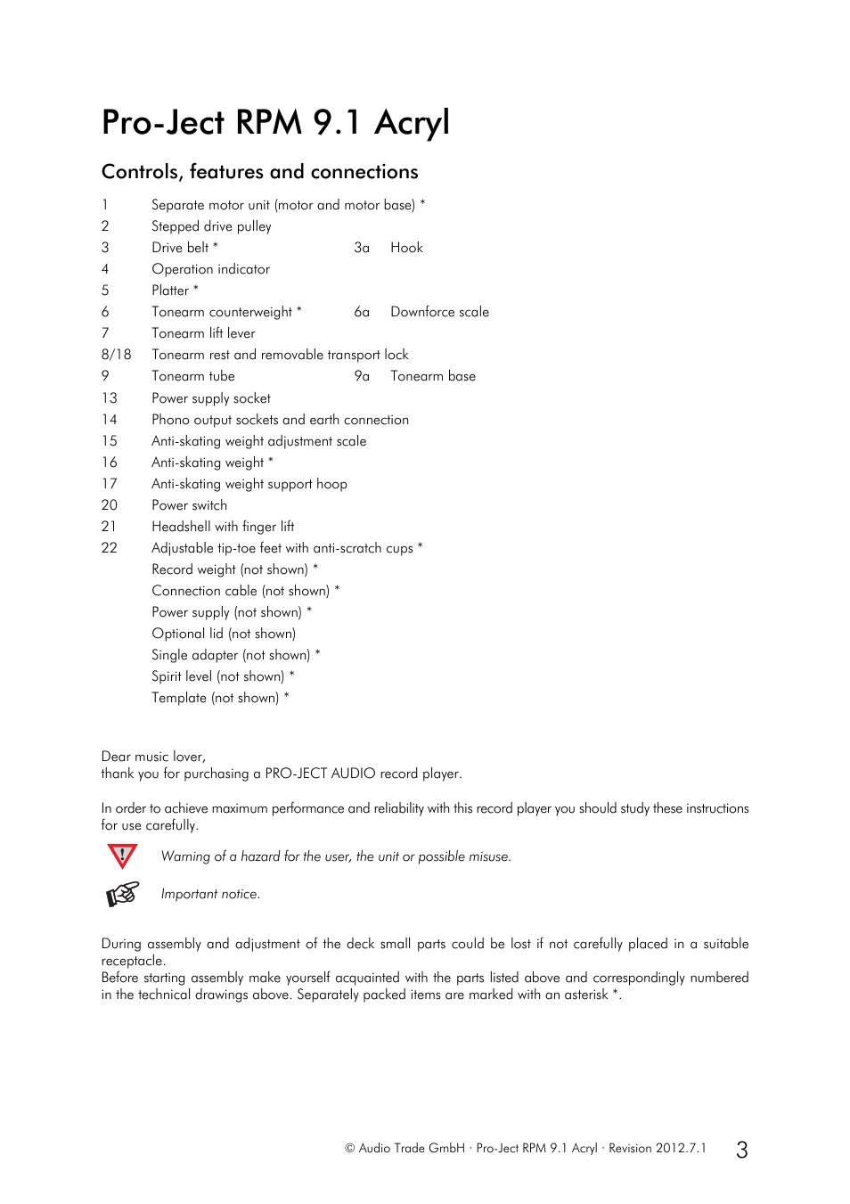 Pro-ject rpm 9.1 acryl, Controls, features and connections | Pro-Ject Audio Systems Pro-Ject RPM 9.1 Acryl User Manual | Page 3 / 8