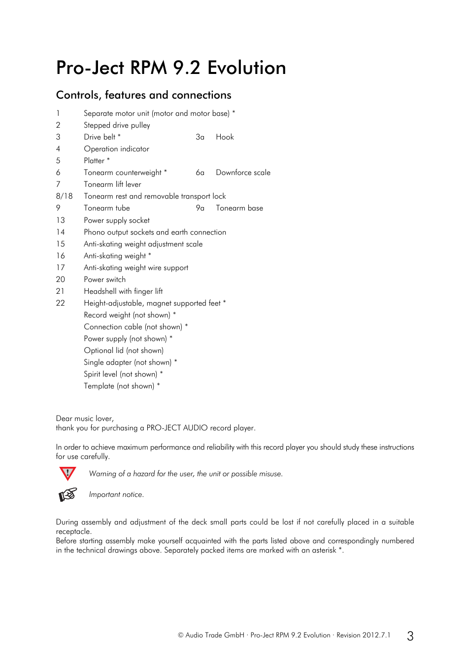 Pro-ject rpm 9.2 evolution, Controls, features and connections | Pro-Ject Audio Systems Pro-Ject RPM 9.2 Evolution User Manual | Page 3 / 8