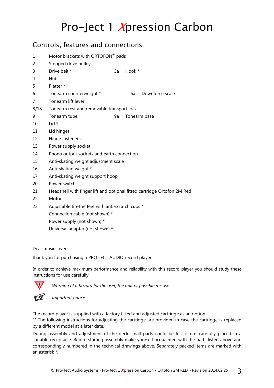 Pro-ject 1, Pression carbon, Controls, features and connections | Pro-Ject Audio Systems Pro-Ject 1Xpression Carbon User Manual | Page 3 / 9
