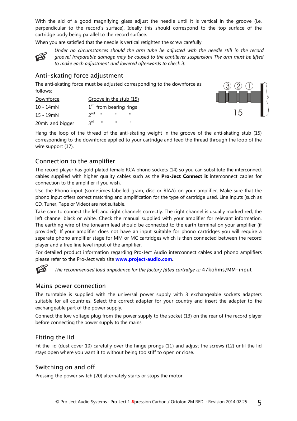 Anti-skating force adjustment, Connection to the amplifier, Mains power connection | Fitting the lid, Switching on and off | Pro-Ject Audio Systems Pro-Ject 1Xpression Carbon User Manual | Page 5 / 9