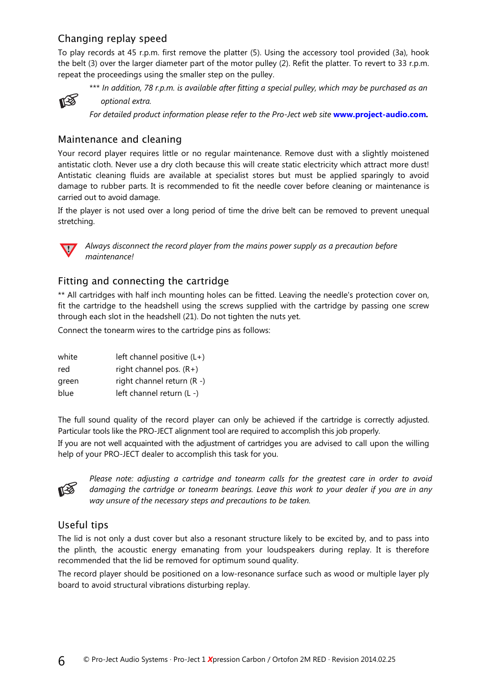 Changing replay speed, Maintenance and cleaning, Fitting and connecting the cartridge | Useful tips | Pro-Ject Audio Systems Pro-Ject 1Xpression Carbon User Manual | Page 6 / 9