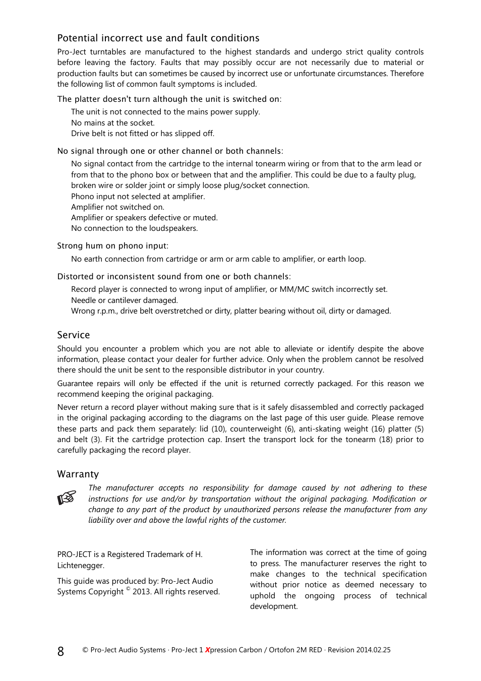 Potential incorrect use and fault conditions, Service, Warranty | Pro-Ject Audio Systems Pro-Ject 1Xpression Carbon User Manual | Page 8 / 9