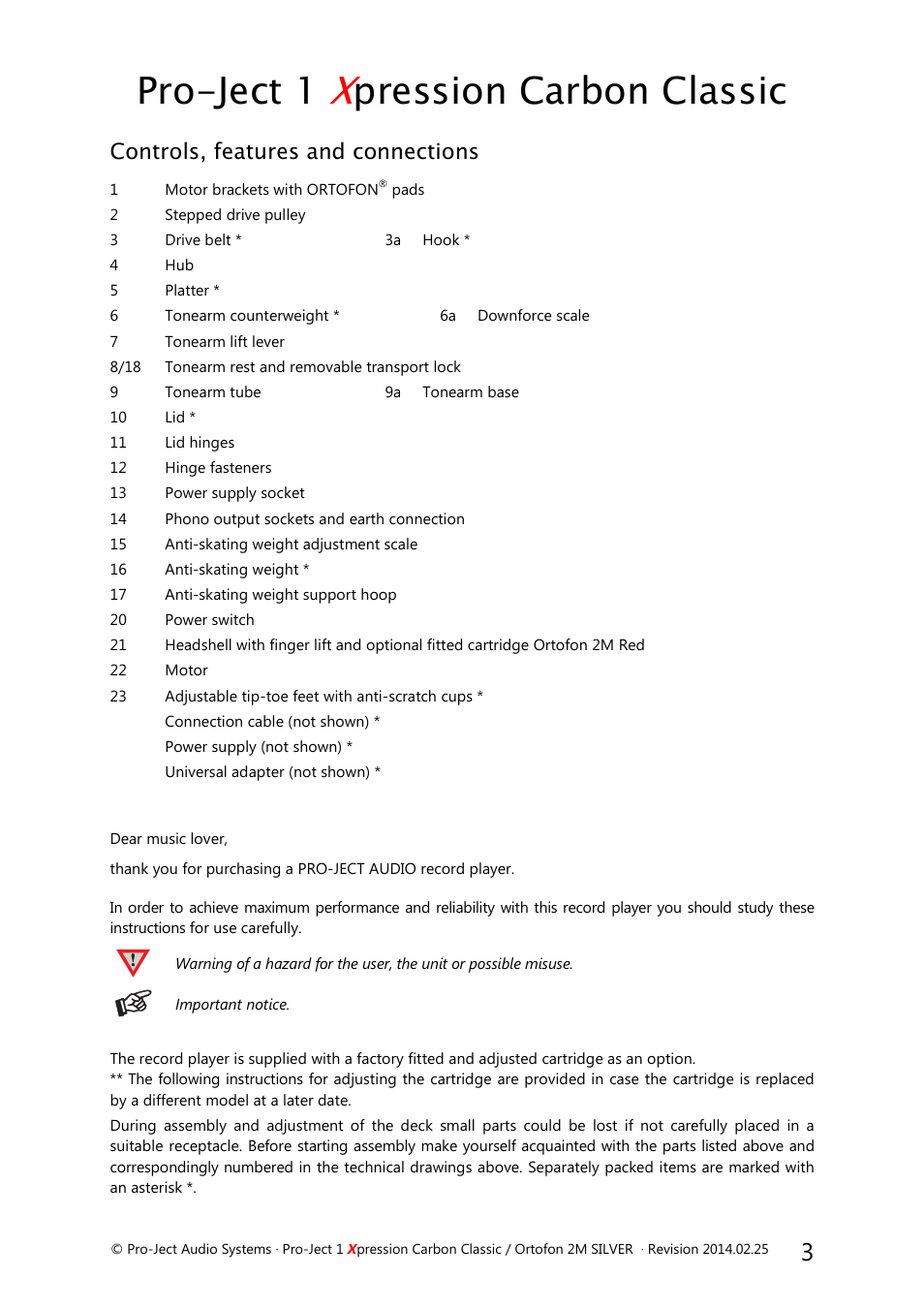 Pro-ject 1, Pression carbon classic, Controls, features and connections | Pro-Ject Audio Systems Pro-Ject 1Xpression Carbon Classic User Manual | Page 3 / 9