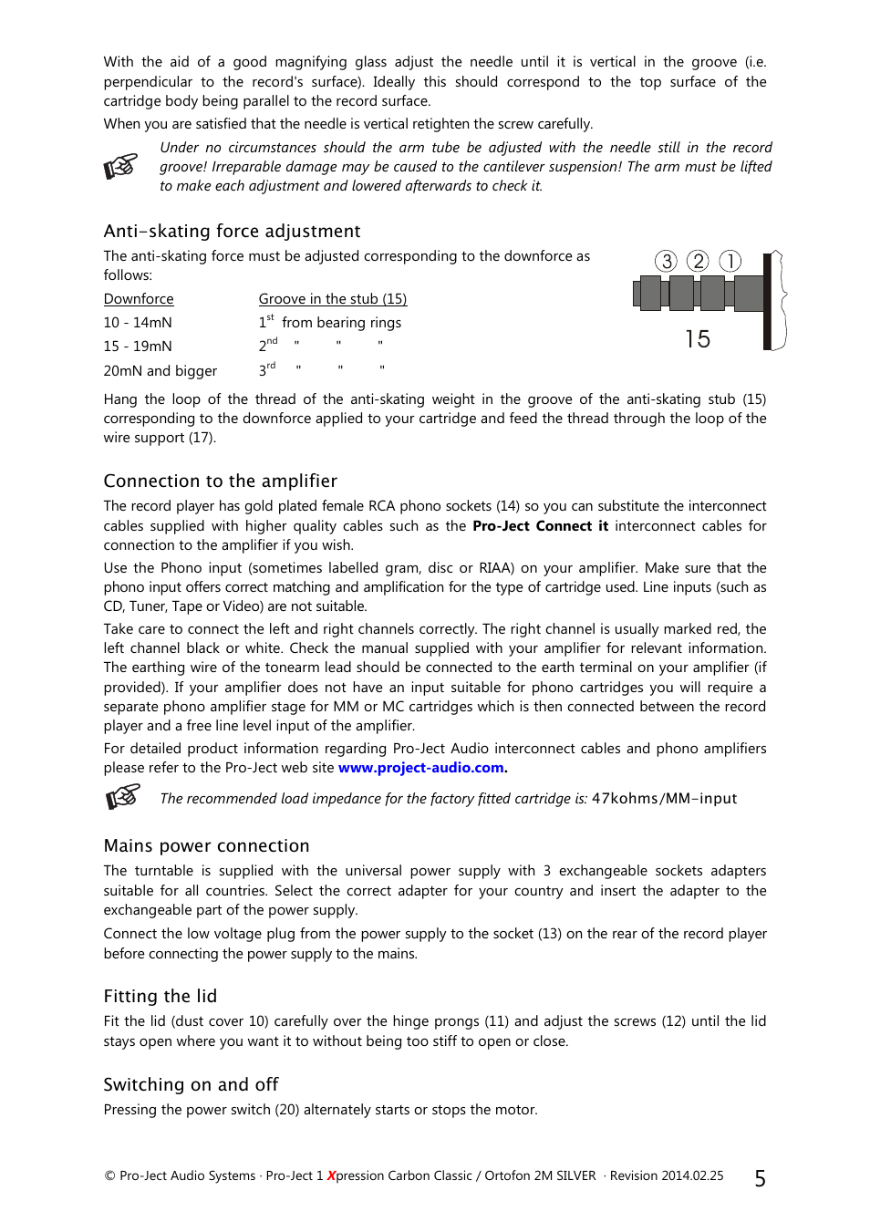 Anti-skating force adjustment, Connection to the amplifier, Mains power connection | Fitting the lid, Switching on and off | Pro-Ject Audio Systems Pro-Ject 1Xpression Carbon Classic User Manual | Page 5 / 9