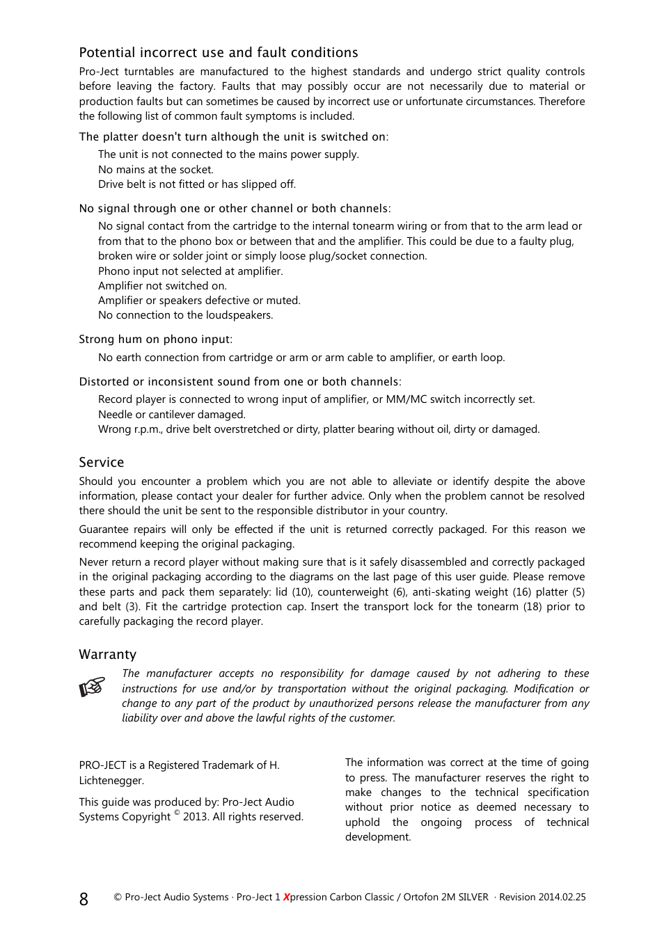 Potential incorrect use and fault conditions, Service, Warranty | Pro-Ject Audio Systems Pro-Ject 1Xpression Carbon Classic User Manual | Page 8 / 9