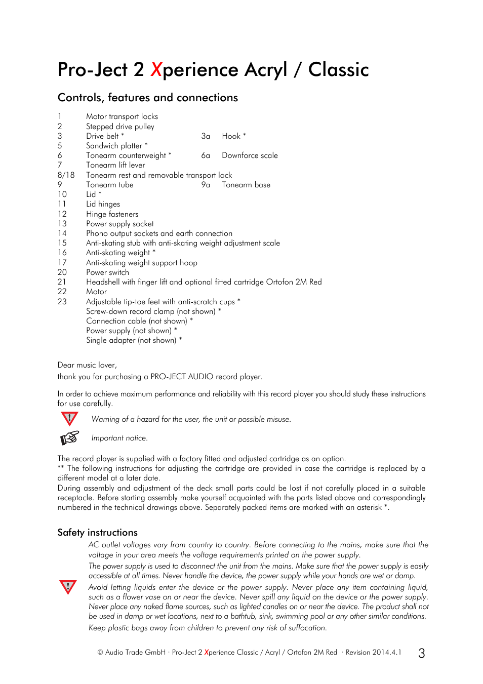 Pro-ject 2 x perience acryl / classic, Controls, features and connections | Pro-Ject Audio Systems Pro-Ject 2Xperience Classic User Manual | Page 3 / 8