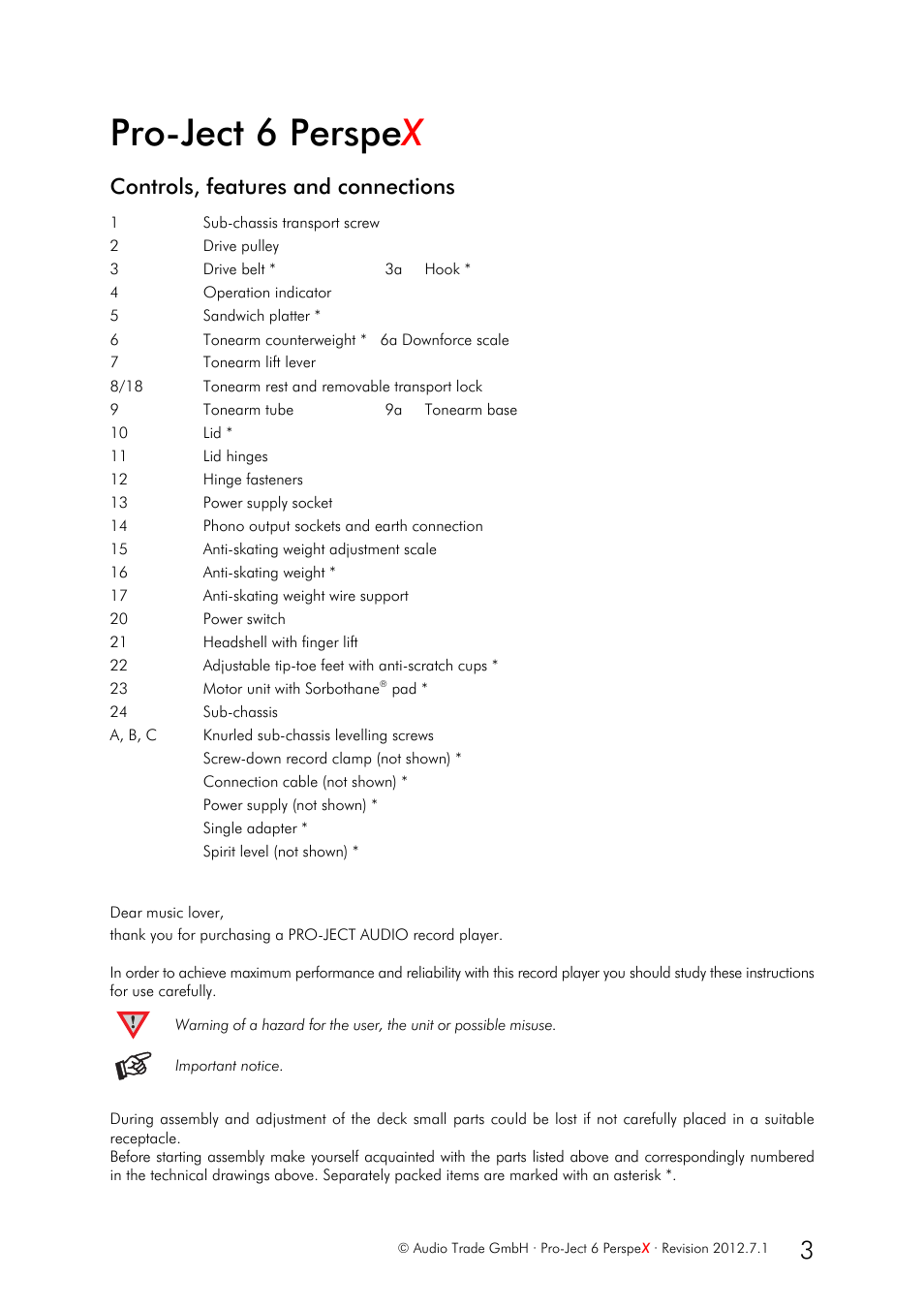 Pro-ject 6 perspe x, Controls, features and connections | Pro-Ject Audio Systems Pro-Ject 6PerspeX User Manual | Page 3 / 8