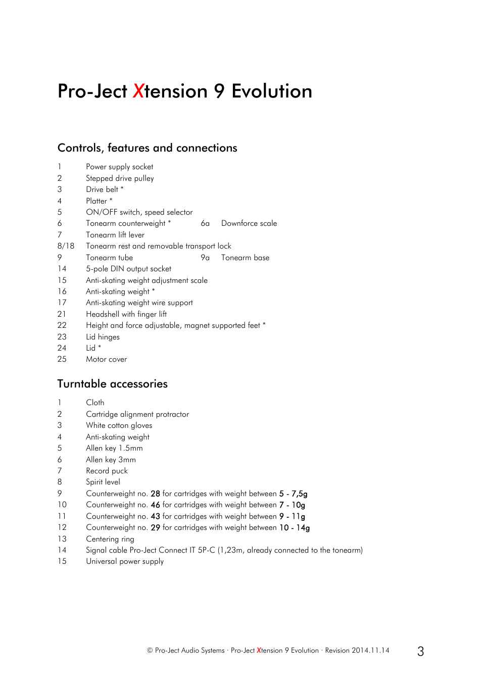 Pro-ject x tension 9 evolution, Controls, features and connections, Turntable accessories | Pro-Ject Audio Systems Pro-Ject Xtension 9 Evolution User Manual | Page 3 / 9
