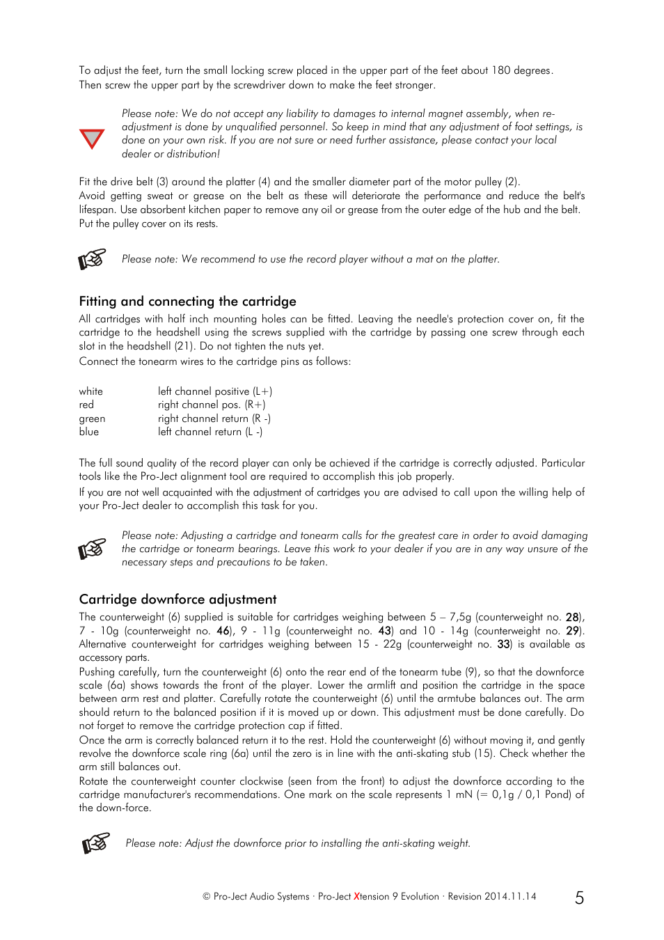 Fitting and connecting the cartridge, Cartridge downforce adjustment | Pro-Ject Audio Systems Pro-Ject Xtension 9 Evolution User Manual | Page 5 / 9