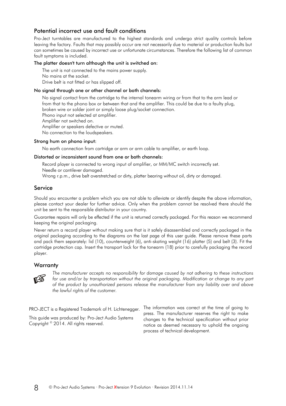 Potential incorrect use and fault conditions, Service, Warranty | Pro-Ject Audio Systems Pro-Ject Xtension 9 Evolution User Manual | Page 8 / 9