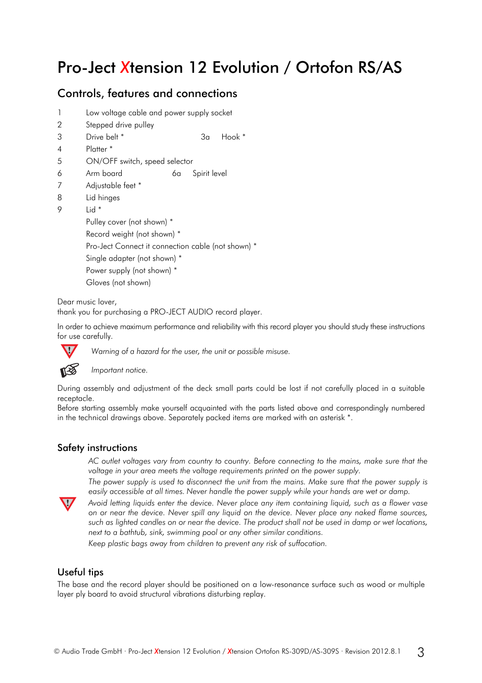 Pro-ject x tension 12 evolution / ortofon rs/as, Controls, features and connections | Pro-Ject Audio Systems Pro-Ject Xtension 12 Evolution User Manual | Page 3 / 10