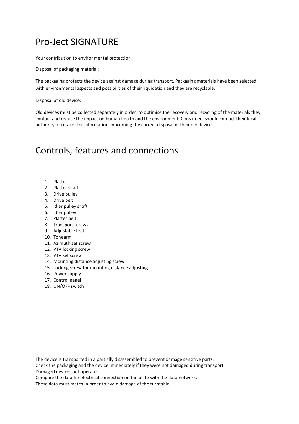 Pro-ject signature, Controls, features and connections | Pro-Ject Audio Systems Pro-Ject Signature 12 User Manual | Page 2 / 23