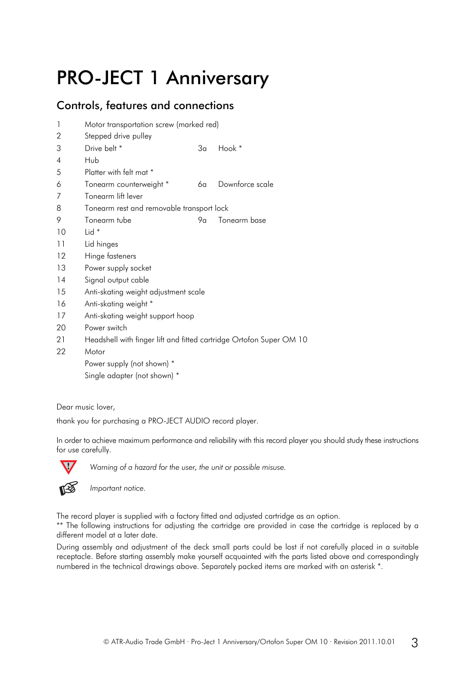 Pro-ject 1 anniversary, Controls, features and connections | Pro-Ject Audio Systems Pro-Ject 1Anniversary User Manual | Page 3 / 8