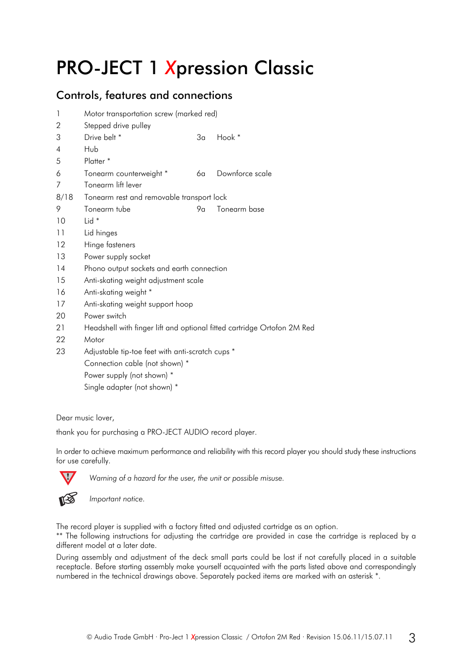 Pro-ject 1 x pression classic, Controls, features and connections | Pro-Ject Audio Systems Pro-Ject 1Xpression III Classic User Manual | Page 3 / 8