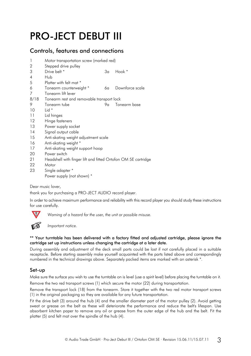 Pro-ject debut iii, Controls, features and connections | Pro-Ject Audio Systems Pro-Ject Debut III User Manual | Page 3 / 7