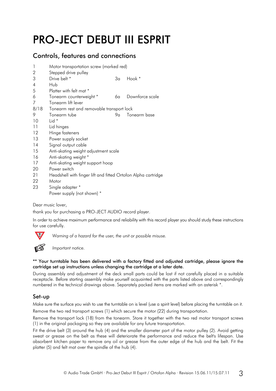 Pro-ject debut iii esprit, Controls, features and connections | Pro-Ject Audio Systems Pro-Ject Debut III Esprit User Manual | Page 3 / 7